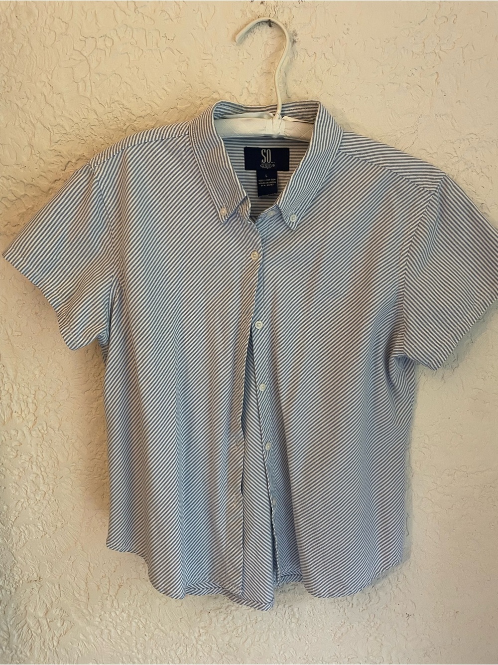 SO Women's Short-Sleeve Button-Down Shirt in Blue and White Stripes